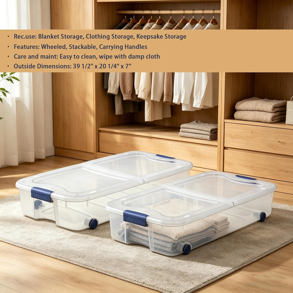 66 Quart Clear Plastic Underbed Storage Bin with Latching Lid and Wheels, Stackable Container, Blue