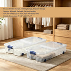 66 Quart Clear Plastic Underbed Storage Bin with Latching Lid and Wheels, Stackable Container, Blue