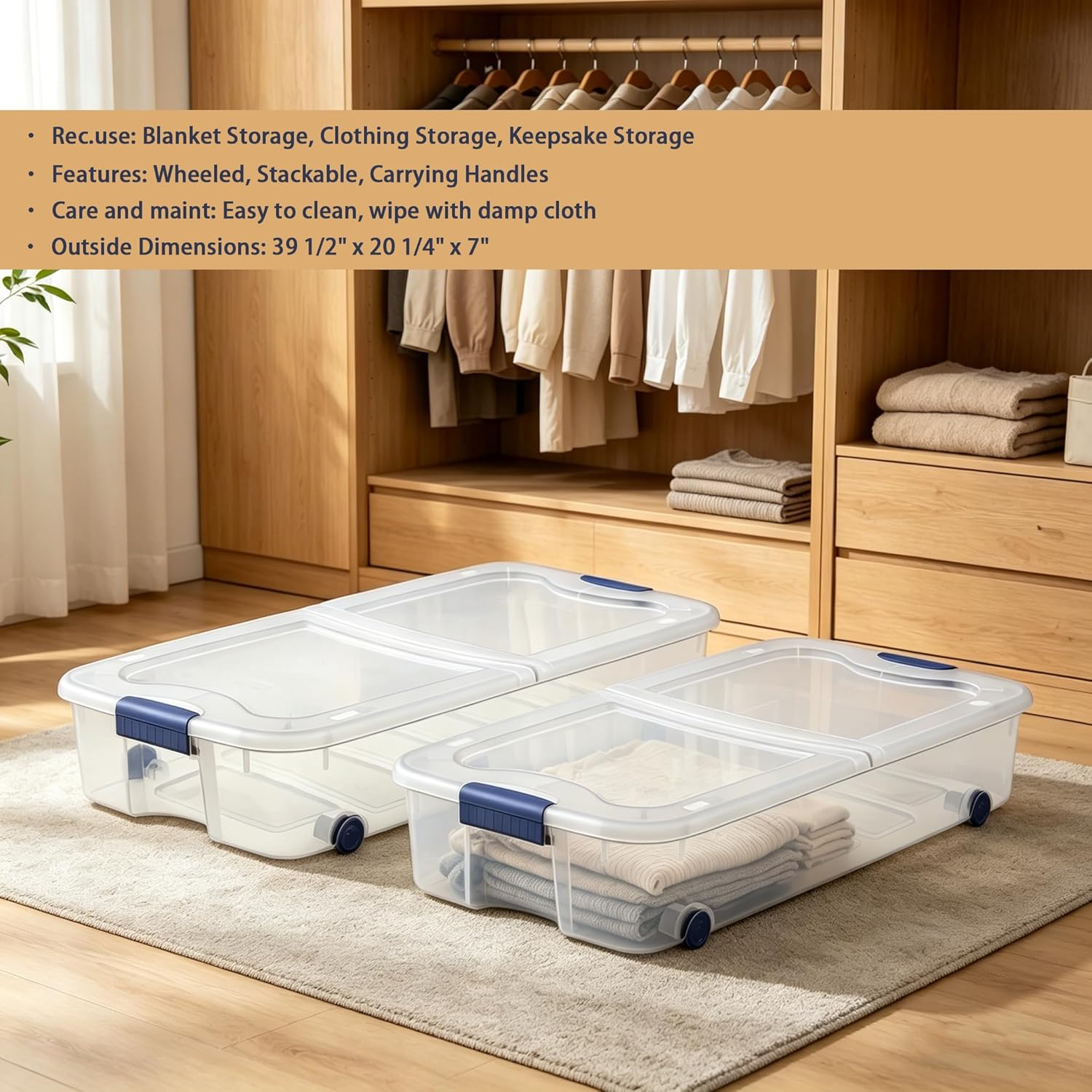 66 Quart Clear Plastic Underbed Storage Bin with Latching Lid and Wheels, Stackable Container, Blue