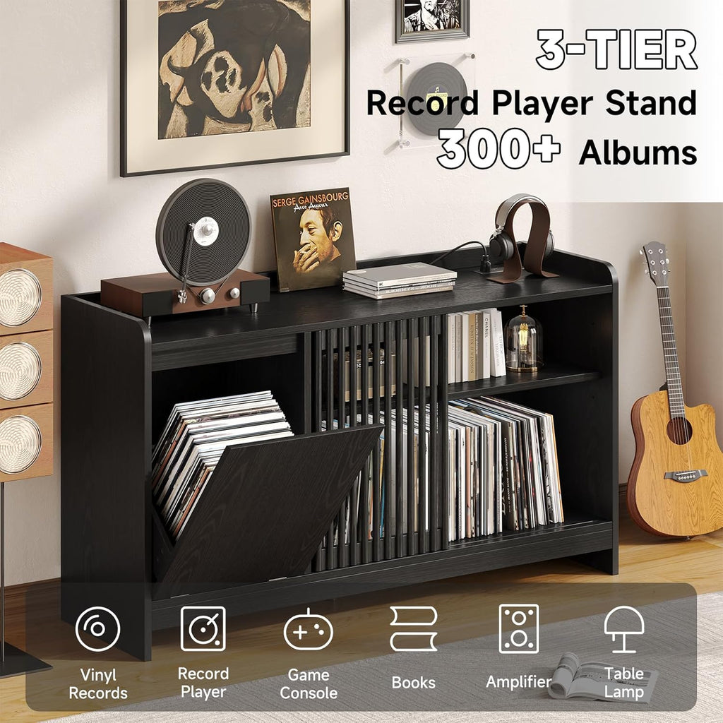 48" Record Player Stand with Flip-out Storage Cabinet, Holds 350+ Albums-Vinyl Record Table with Sliding Door & Adjustable Shelf, Modern Turntable Stand with Charging Station for Living Room Bedroom