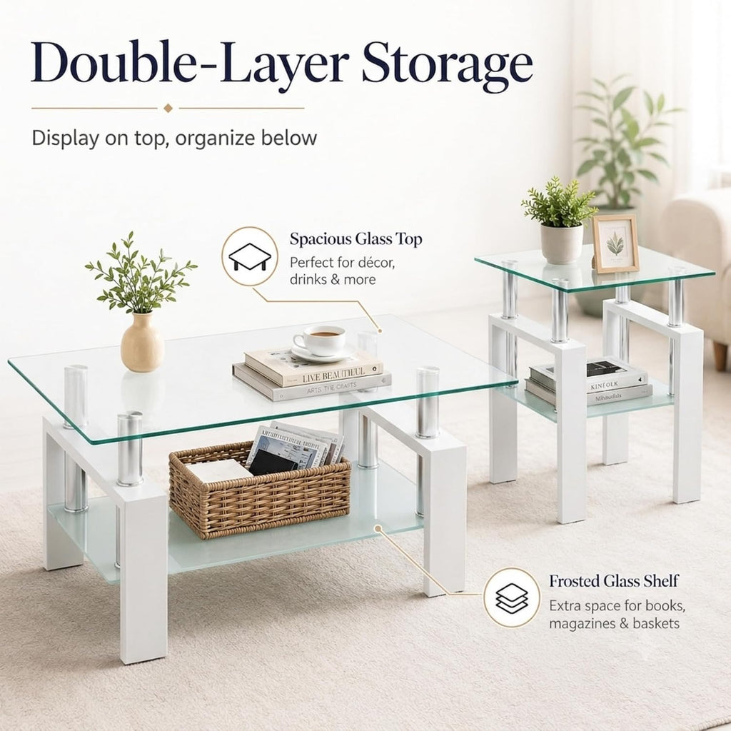 Meihua Glass Coffee Table and End Table Set of 3, Modern Living Room Table Set with Tempered Glass & Metal Frame, Double-Layer Side Tables (Clear Glass + White Leg, Set of 3)