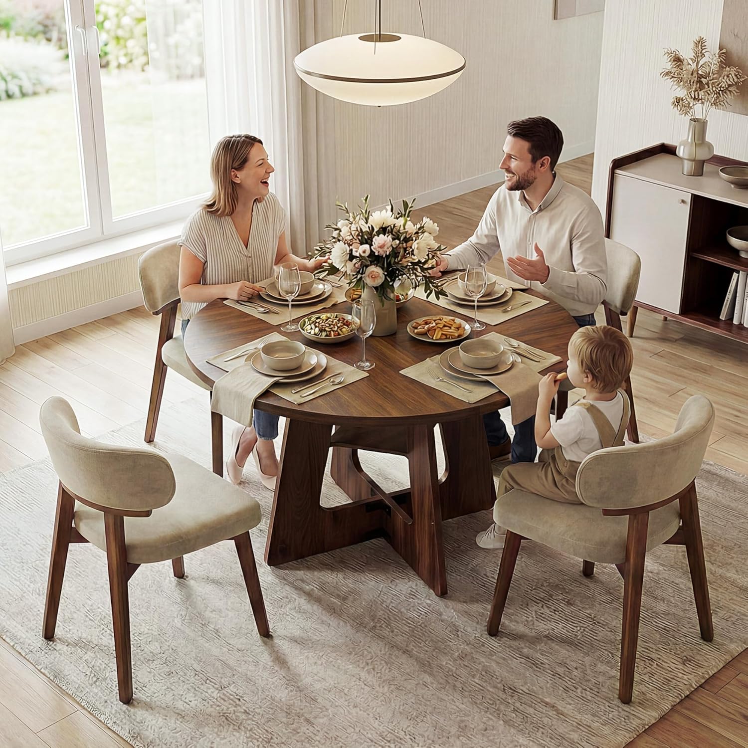 GRUSIGN Round Dining Table for 4-6, 47" Kitchen Table for Dining Room, Circle Farmhouse Kitchen Table, Wood Dinner Table for Kitchen, Living Room, Apartment