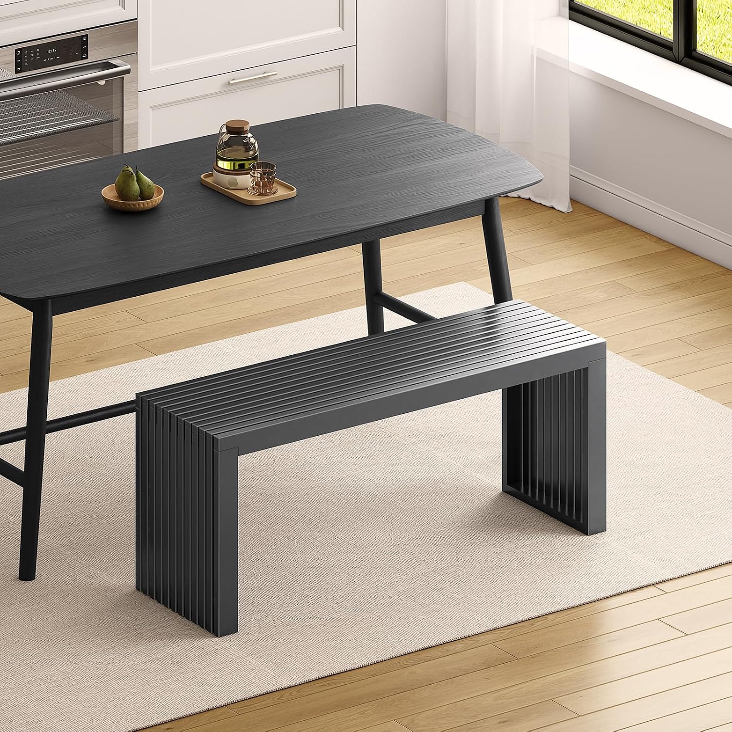 Bamboo Dining Bench, 35-inch Sleek Design Entryway Shoe Rack Bench, Indoor Kitchen Table Bench, Waterproof Outdoor Bench, Black
