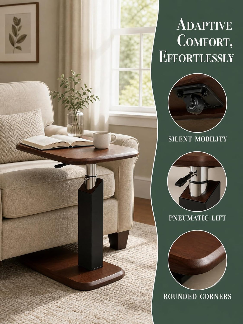 Tray Table with 360° Swivel, Adjustable Height Sofa Laptop Desk, C-Shaped Side Table with Wheels, Multi-Functional End Table for Living Room, Bedroom, Hospital (Walnut Tray + Black Stand)