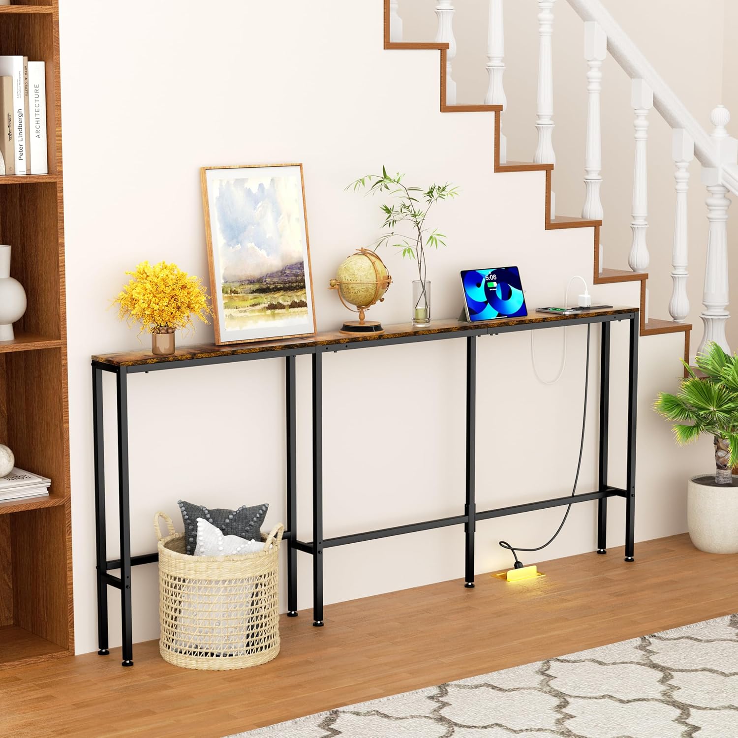 GRLEAF L Shaped 70" Narrow Console Sofa Table with Built-in Power Strip (2 AC Outlets & 2 USB Ports) – 4.9ft Power Cord, Metal Frame, Easy Assembly, Ideal for Behind Couch, Hallway (Rustic Brown,70IN)