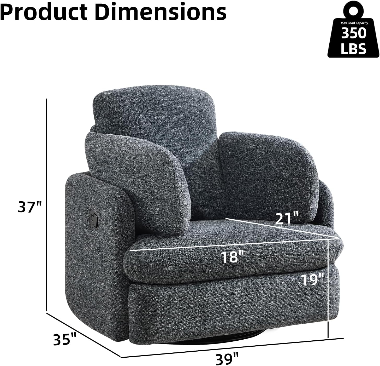 CANMOV Swivel Rocker Recliner, Manual Recliner Chair for Adults, Nursery Glider Rocking Chair with 2 Bolster Pillows and Hidden Storage, Dark Grey