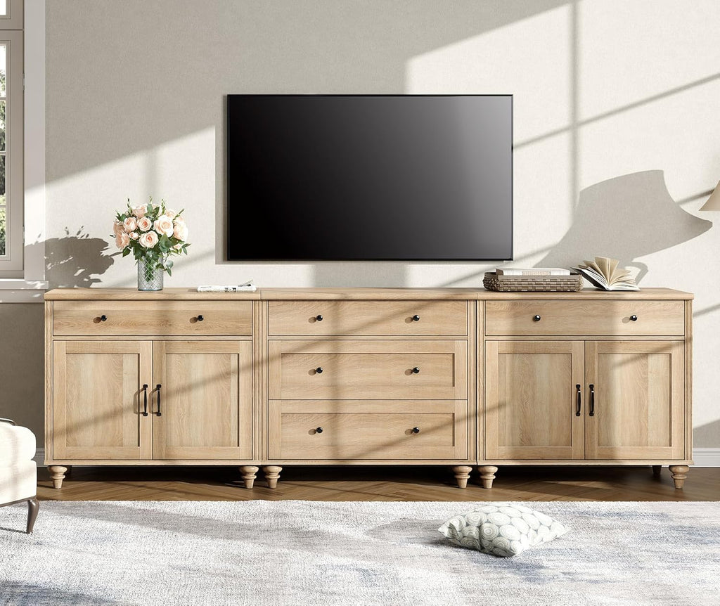 WAMPAT Buffet Cabinet with 5 Drawers and 4 Doors, Vintage Wood Grain Design, Farmhouse Coffee Bar with Storage, Morden Sideboard Cabinet for Dinning Room, Kitchen, and Living Room, 101 inch, Oak