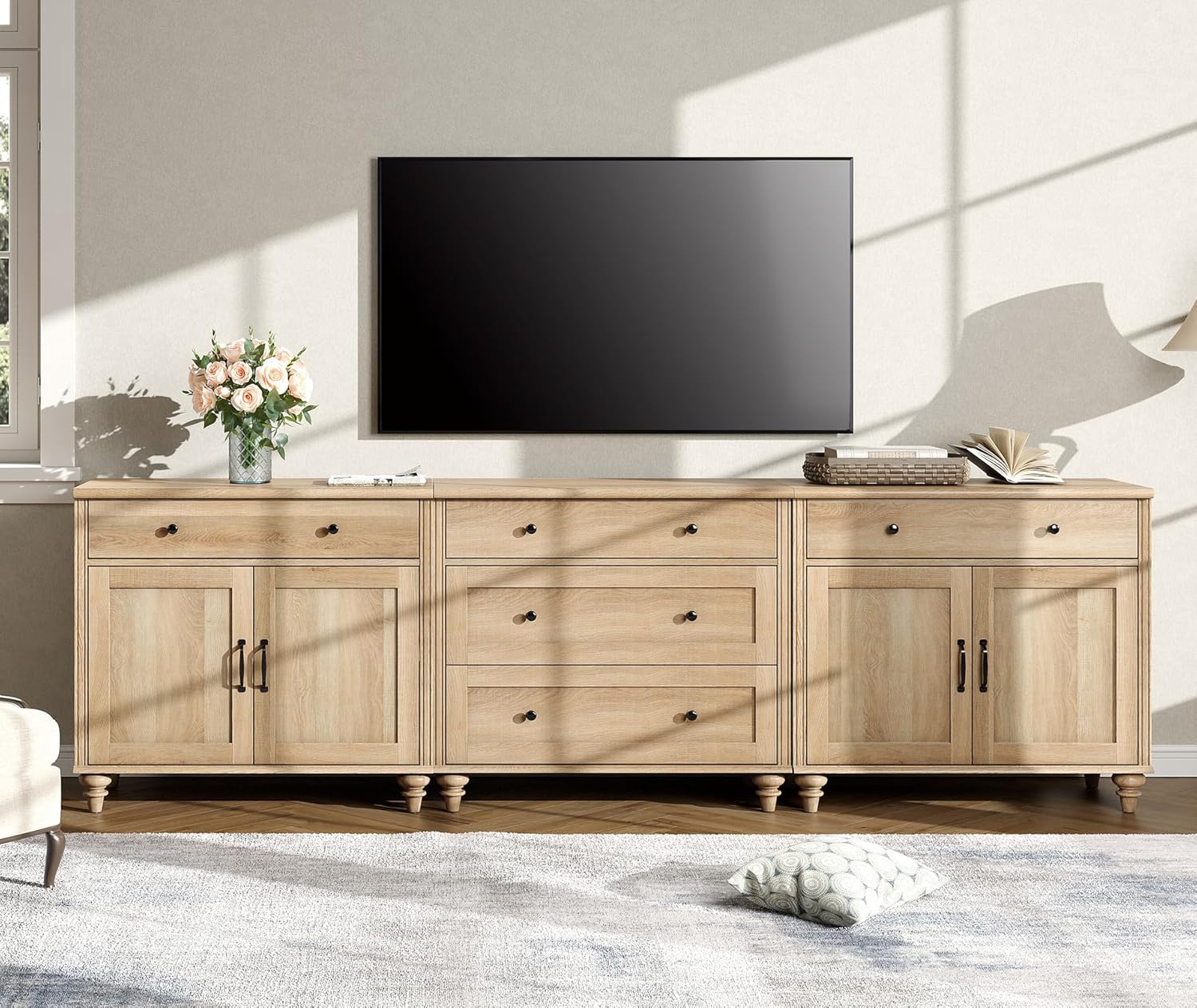 WAMPAT Buffet Cabinet with 5 Drawers and 4 Doors, Vintage Wood Grain Design, Farmhouse Coffee Bar with Storage, Morden Sideboard Cabinet for Dinning Room, Kitchen, and Living Room, 101 inch, Oak