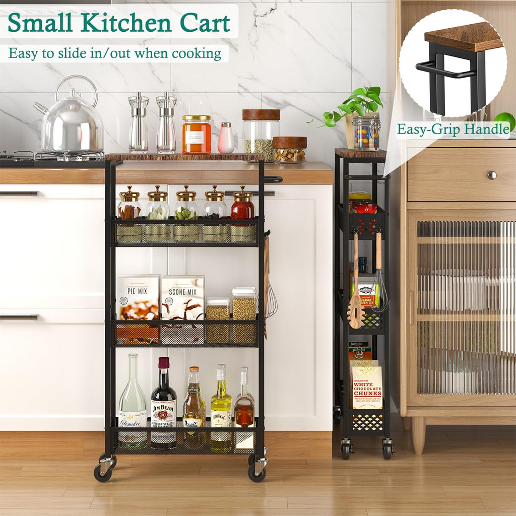 XYZLVSI Slim Storage Cart 4 Tier Narrow Kitchen Rolling Cart on Wheels for Small Space, Mobile Utility Cart Shelving Unit with Wooden Top and Metal Handle for Kitchen, Bathroom, Laundry Room