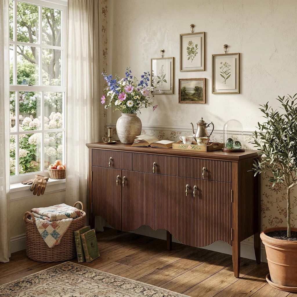 FUSUNBAO 57" Fluted Sideboard Buffet,Retro Storage Cabinet, Walnut | 3 Drawers and 4 Doors, Vintage Fluted with Scalloped Base, Organic Modern Accent Cabinet, For Dining Room