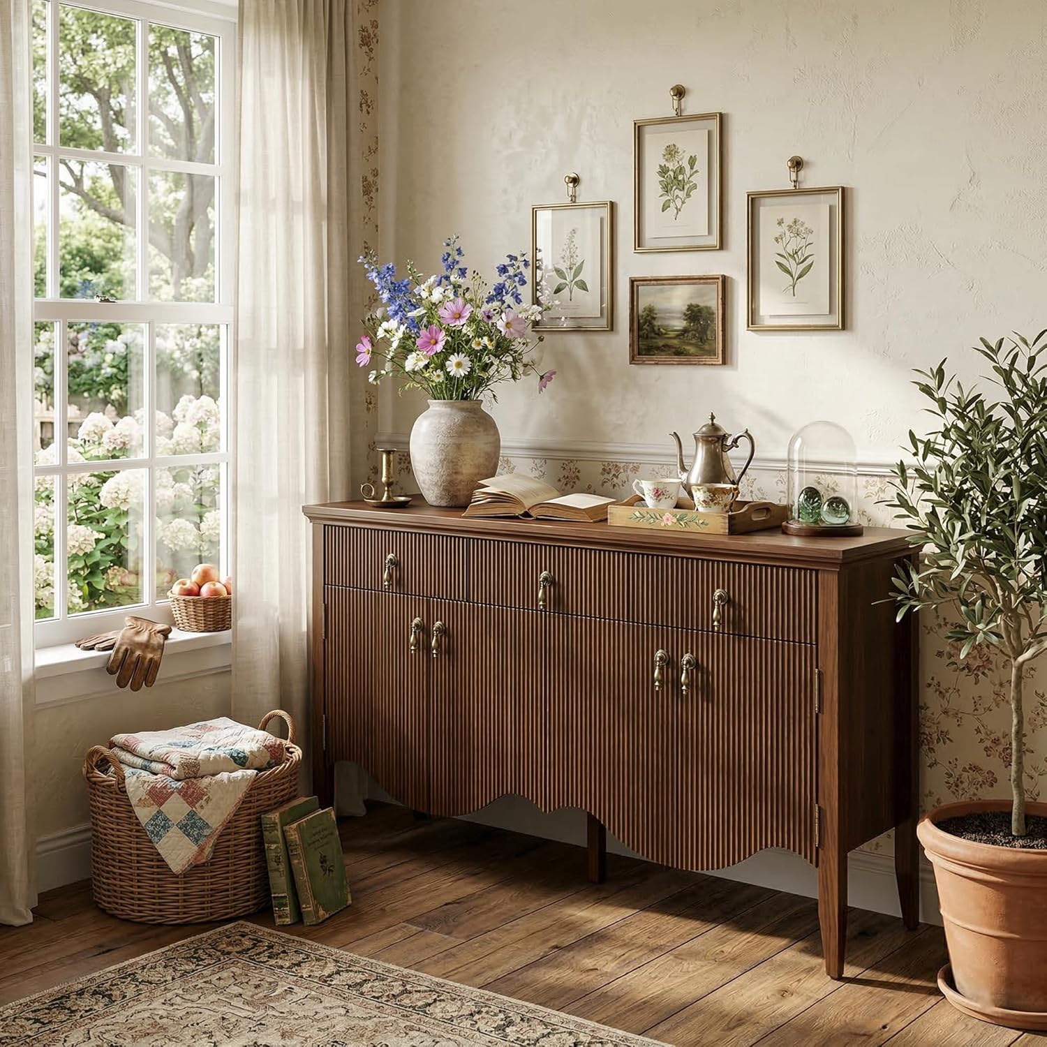 FUSUNBAO 57" Fluted Sideboard Buffet,Retro Storage Cabinet, Walnut | 3 Drawers and 4 Doors, Vintage Fluted with Scalloped Base, Organic Modern Accent Cabinet, For Dining Room