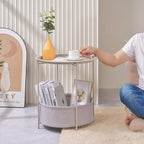 VECELO Round Side/End Table with Fabric Storage Basket，Metal Anti-Rust and Waterproof Small Bedside Nightstand with Removable Tray Top for Living Room，Balcony & Laundry，Grey /1pcs with Basket