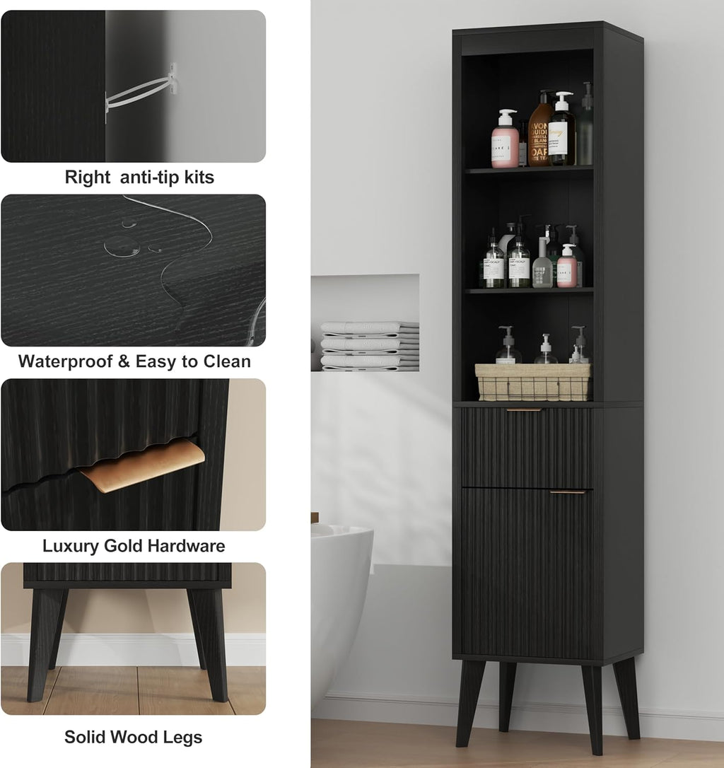 70" H Tall Storage Cabinet, Fluted Freestanding Floor Organizer for Bathroom, Kitchen Pantry, Utility Room, w/Drawer & Adjustable Shelves, Modern Accent in Black