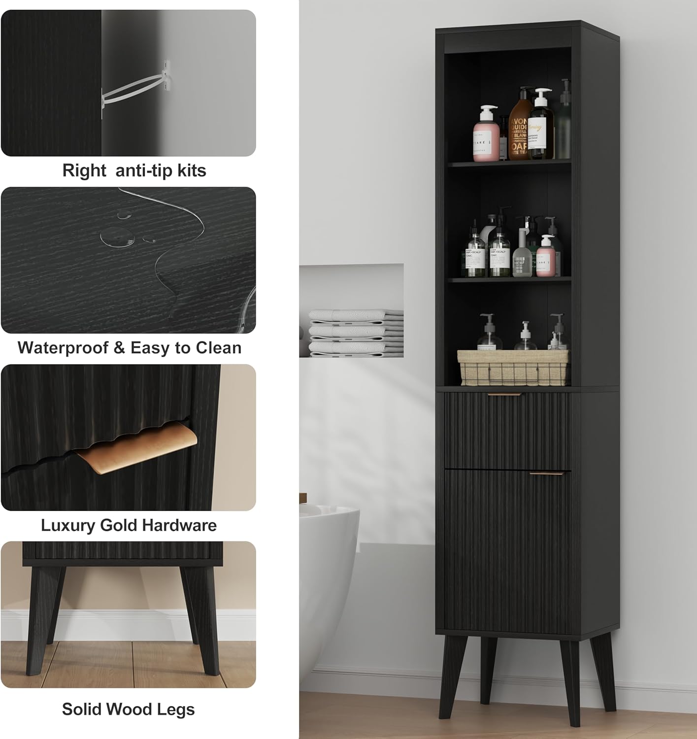 70" H Tall Storage Cabinet, Fluted Freestanding Floor Organizer for Bathroom, Kitchen Pantry, Utility Room, w/Drawer & Adjustable Shelves, Modern Accent in Black