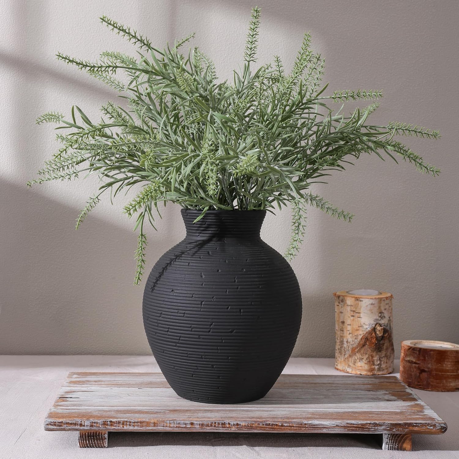 Ceramic Flower Vase Home Decor, 7.4 in Farmhouse Table Vases Retro Vintage Living Room Kitchen Bedroom Decoration Pottery Decorative Vases for Flowers House Shelf Office Desk Dining Entryway, Black