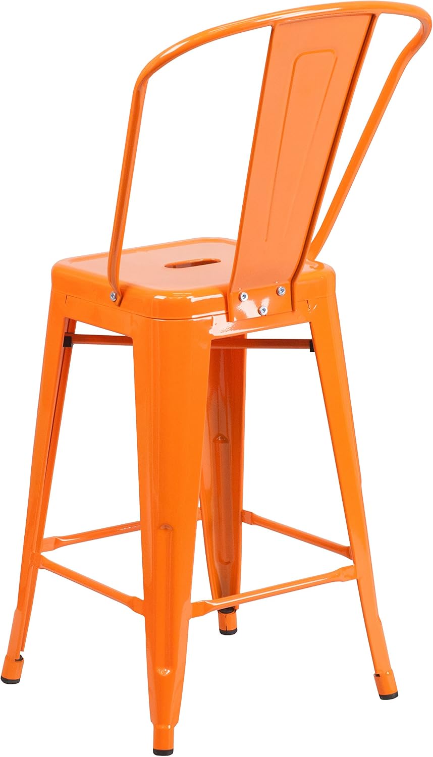 EMMA + OLIVER Commercial Grade 24" H Orange Metal Indoor-Outdoor Counter Height Stool w/Back