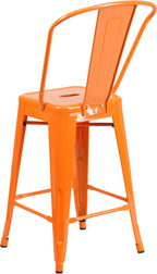 EMMA + OLIVER Commercial Grade 24" H Orange Metal Indoor-Outdoor Counter Height Stool w/Back