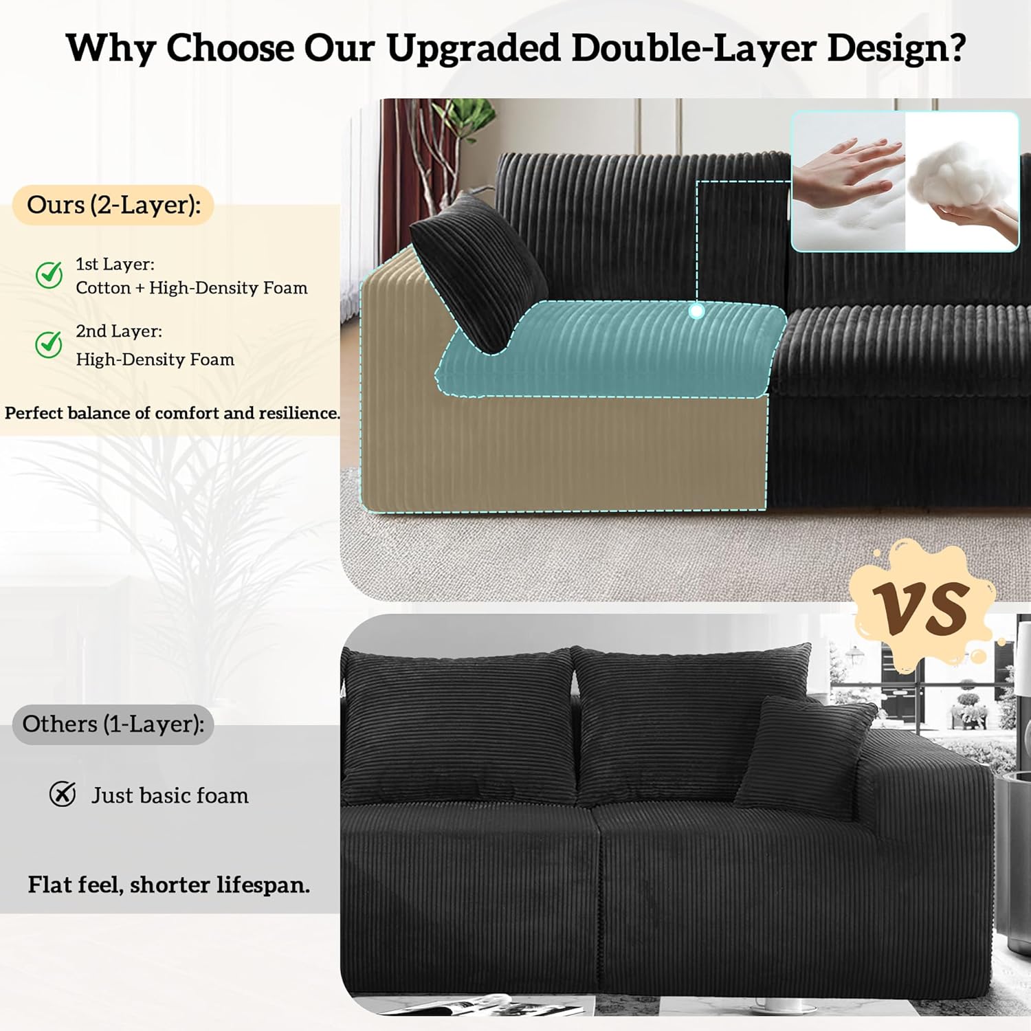 157.6" Cloud Couch Oversized Modular Sectional Sofa, Boneless U-Shaped 8 Seater Deep Seat Couch with Ottoman, Soft Corduroy Upholstery, DIY Combination for Living Room, No Assembly Required, Black