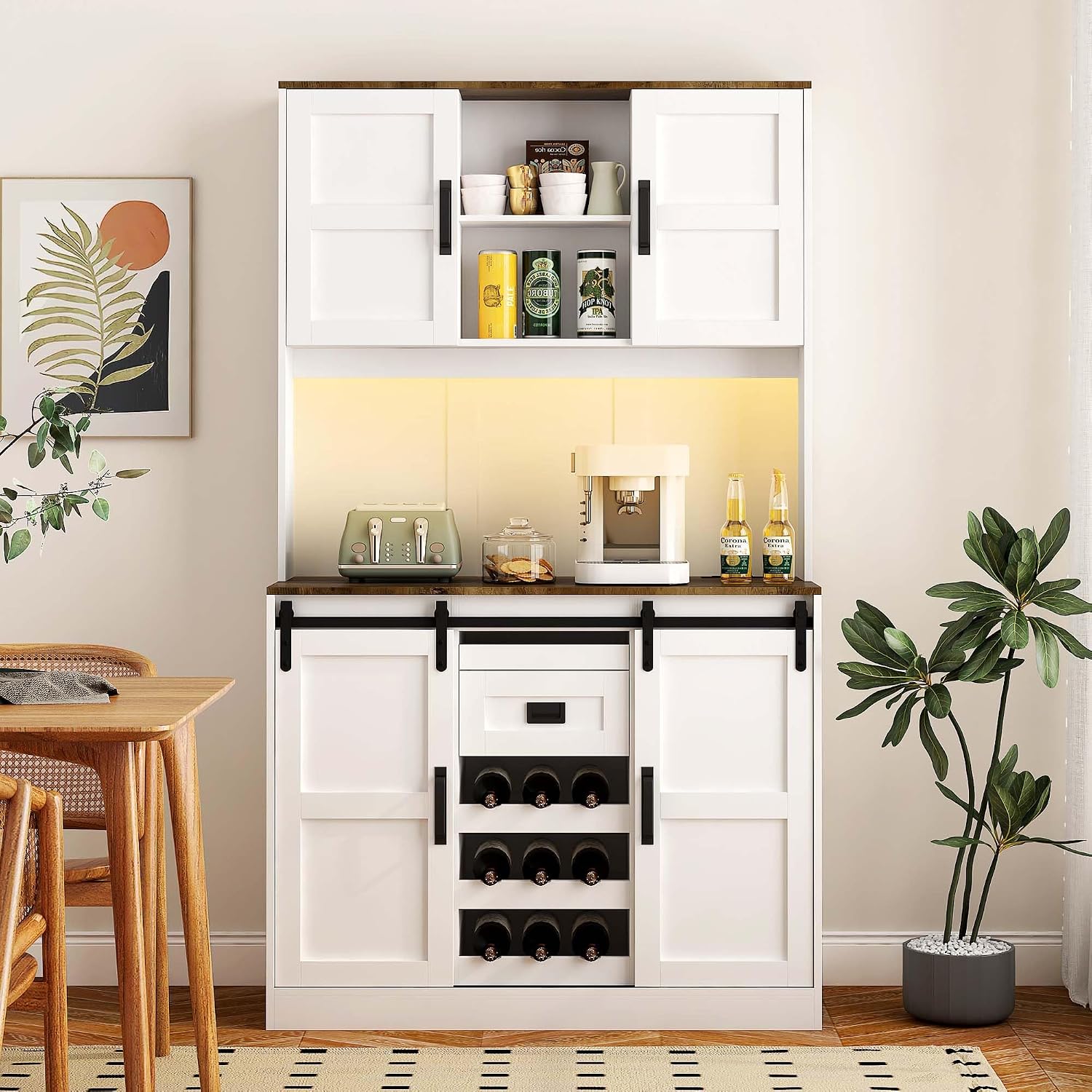 72'' Kitchen Hutch Storage Cabinet Buffet with Drawers, Kitchen Pantry Cabinets with Doors/3 AC Outlets/2 USB Charging Ports, Food Pantry Cabinet with Microwave Shelf for Dining Room (White - 72'')