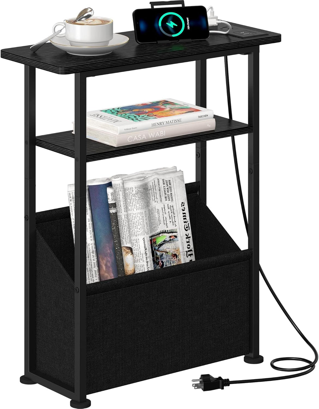 Yusong Narrow Side Table for Small Spaces, Skinny Charging End Table with Storage Basket, 3 Tier Slim Sofa Couch Bedside Table, Thin Nightstand for Bedroom, Living Room, Black