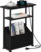 Yusong Narrow Side Table for Small Spaces, Skinny Charging End Table with Storage Basket, 3 Tier Slim Sofa Couch Bedside Table, Thin Nightstand for Bedroom, Living Room, Black