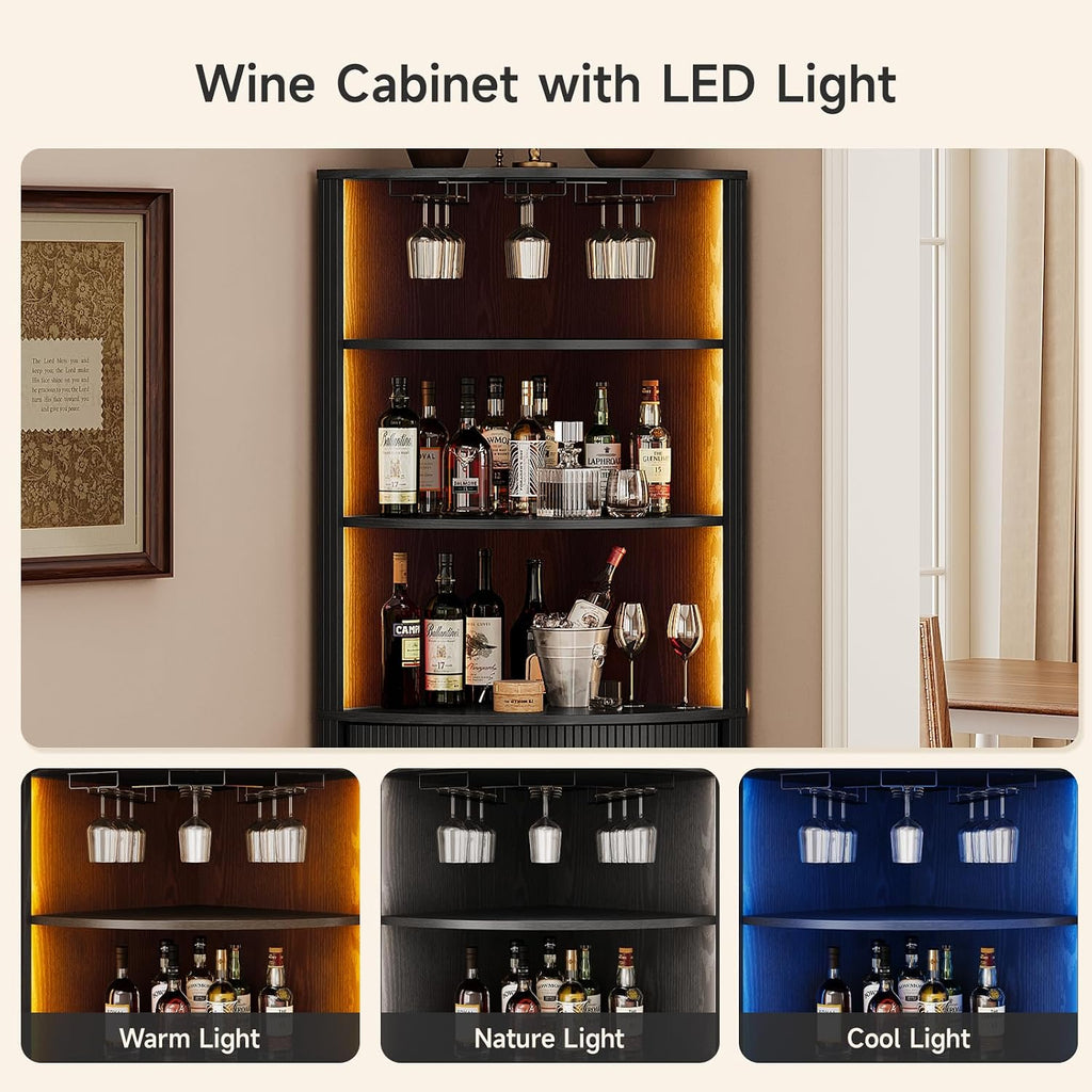 ONBRILL 72" Tall Corner Bar Cabinet with LED Lights, Fluted Wine Bar Cabinet with Storage, Mid-Century Modern Liquor Cabinets with Sliding Door & Wine Glass Holder, for Dining Room, Living Room Black