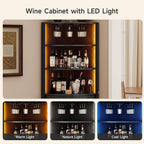 ONBRILL 72" Tall Corner Bar Cabinet with LED Lights, Fluted Wine Bar Cabinet with Storage, Mid-Century Modern Liquor Cabinets with Sliding Door & Wine Glass Holder, for Dining Room, Living Room Black
