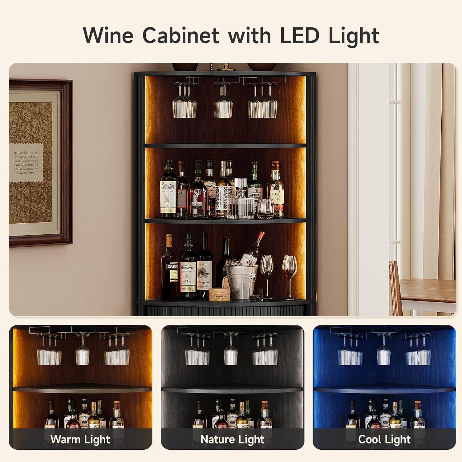 ONBRILL 72" Tall Corner Bar Cabinet with LED Lights, Fluted Wine Bar Cabinet with Storage, Mid-Century Modern Liquor Cabinets with Sliding Door & Wine Glass Holder, for Dining Room, Living Room Black