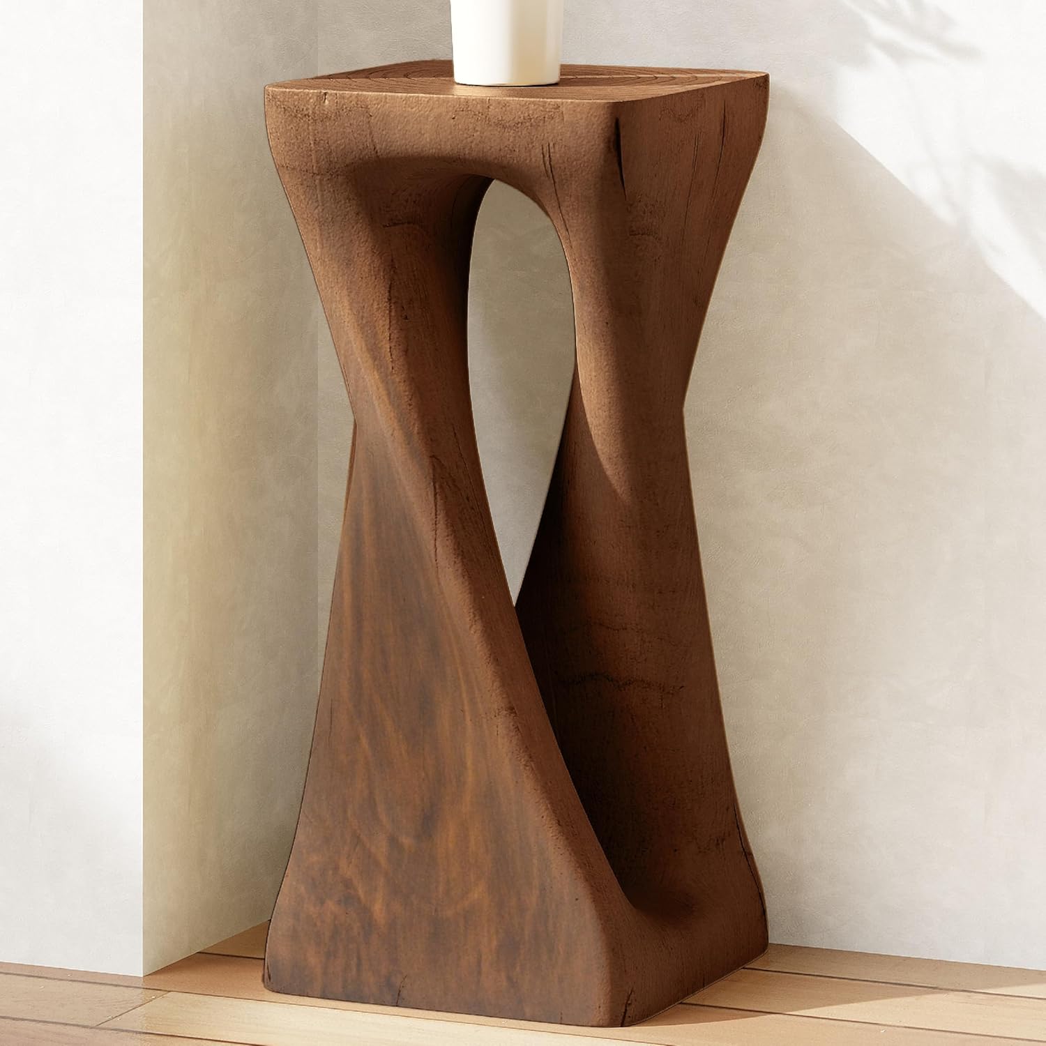Merax Twist Shape MGO Accent Side Table, Unique Modern End Table with Wide Pedestal & Tabletop, Small Drink Tables for Living Room, Bedroom Night Stand Bedside Table, No Assembly Required, Brown
