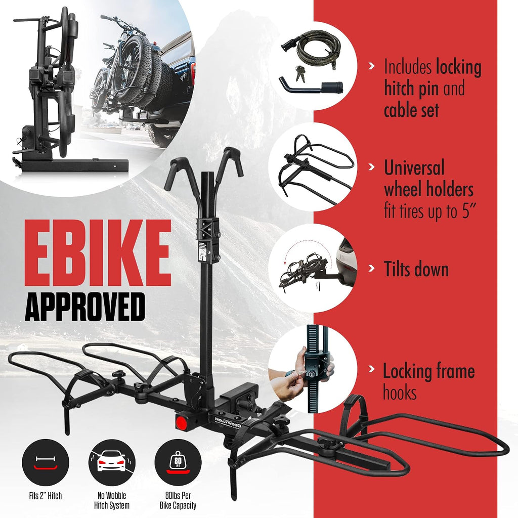 Hollywood Racks Sport Rider 2" Hitch Bike Rack, Carries 2 Bikes up to 80 lbs Each for Standard, Fat Tire and Electric Bicycles - Heavy Duty, Foldable Ebike Rack for Car, Truck, and SUV