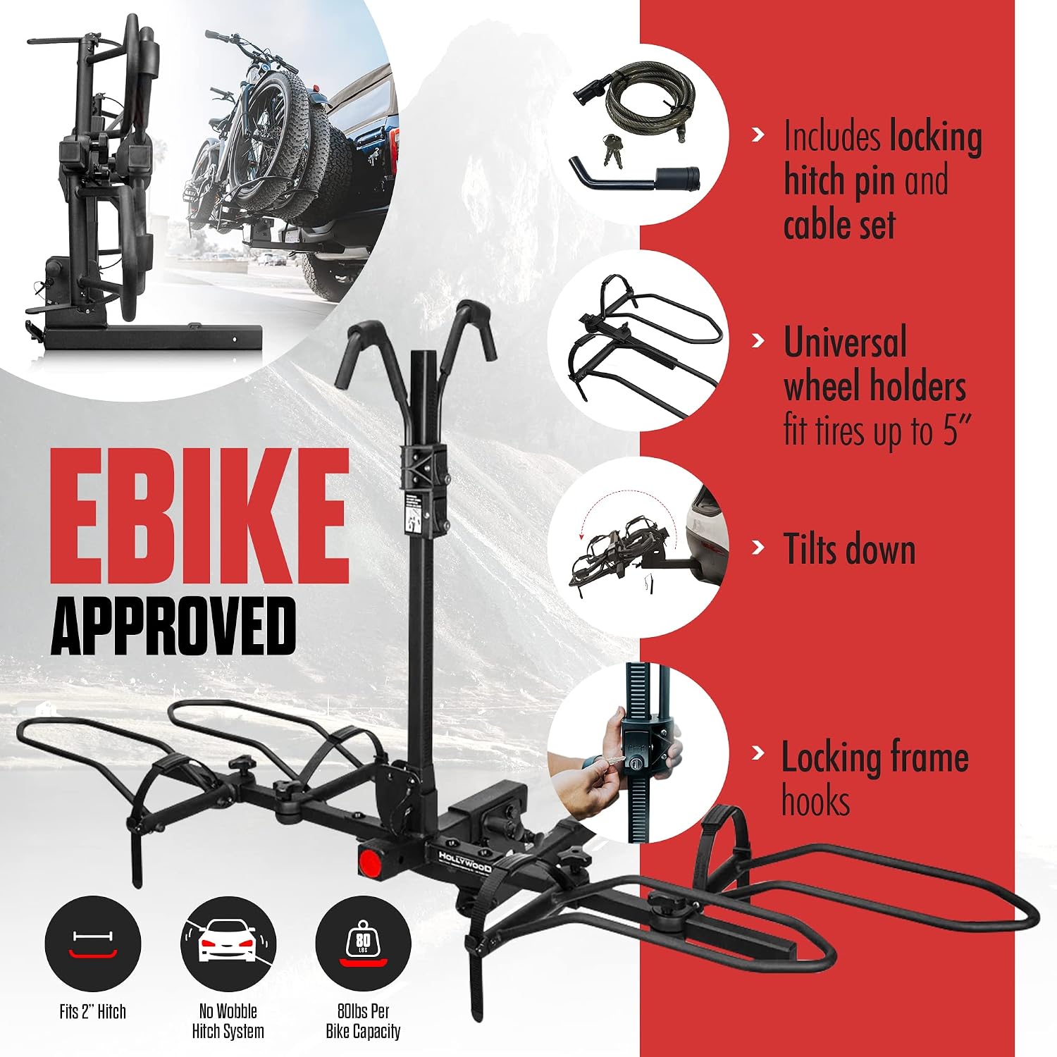 Hollywood Racks Sport Rider 2" Hitch Bike Rack, Carries 2 Bikes up to 80 lbs Each for Standard, Fat Tire and Electric Bicycles - Heavy Duty, Foldable Ebike Rack for Car, Truck, and SUV