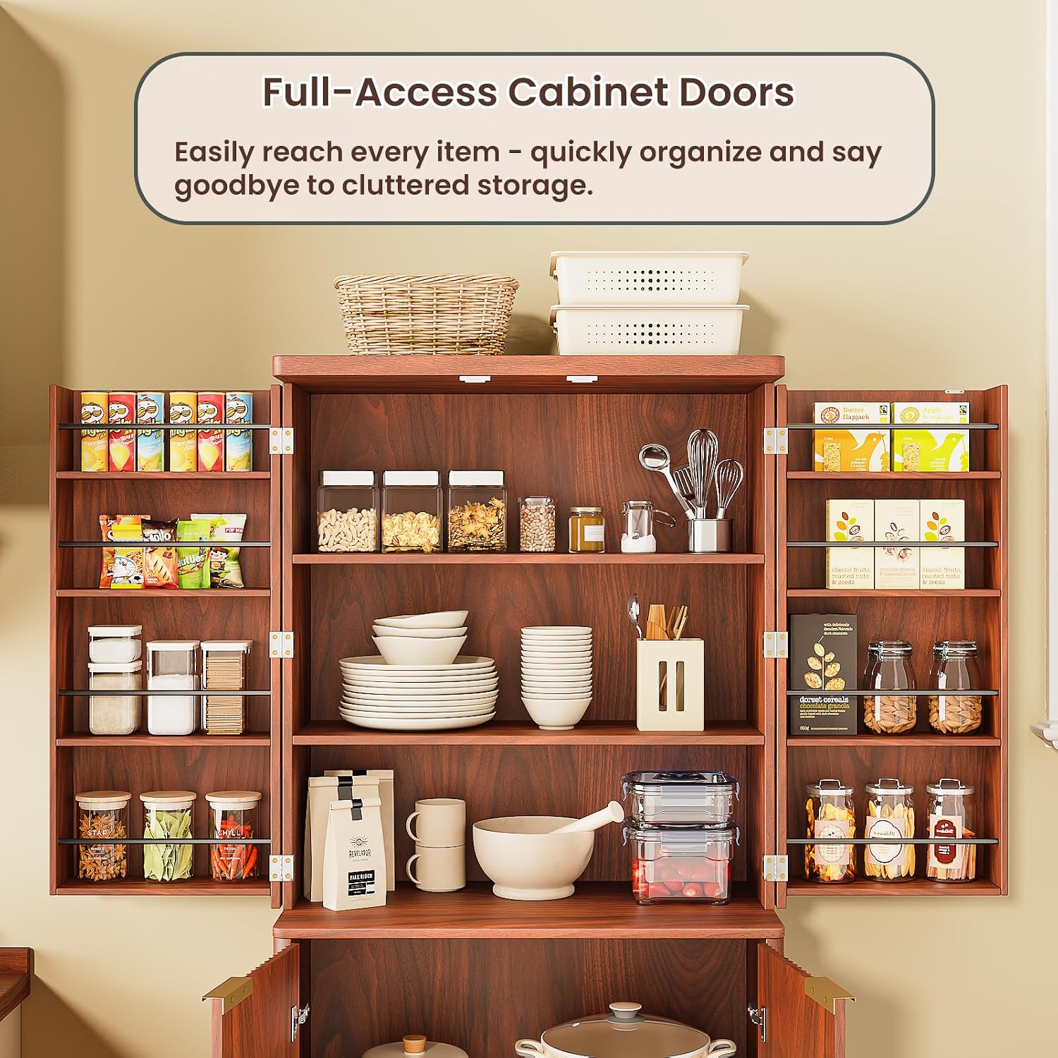 72" Tall Kitchen Pantry Modern Fluted Wood Storage Cabinet with Doors,6 Door Shelves, Organizer, Versatile Cupboard for Kitchen Dining (Walnut-Fluted)