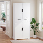 Modern Kitchen Pantry Cabinet, 71" Height Tall Freestanding Cupboard with a Drawer,3 Sliding Rack,6 Hanging Shelves,Fluted Kitchen Organizer Storage Cabinet for Dining Room Living Room (White-1)