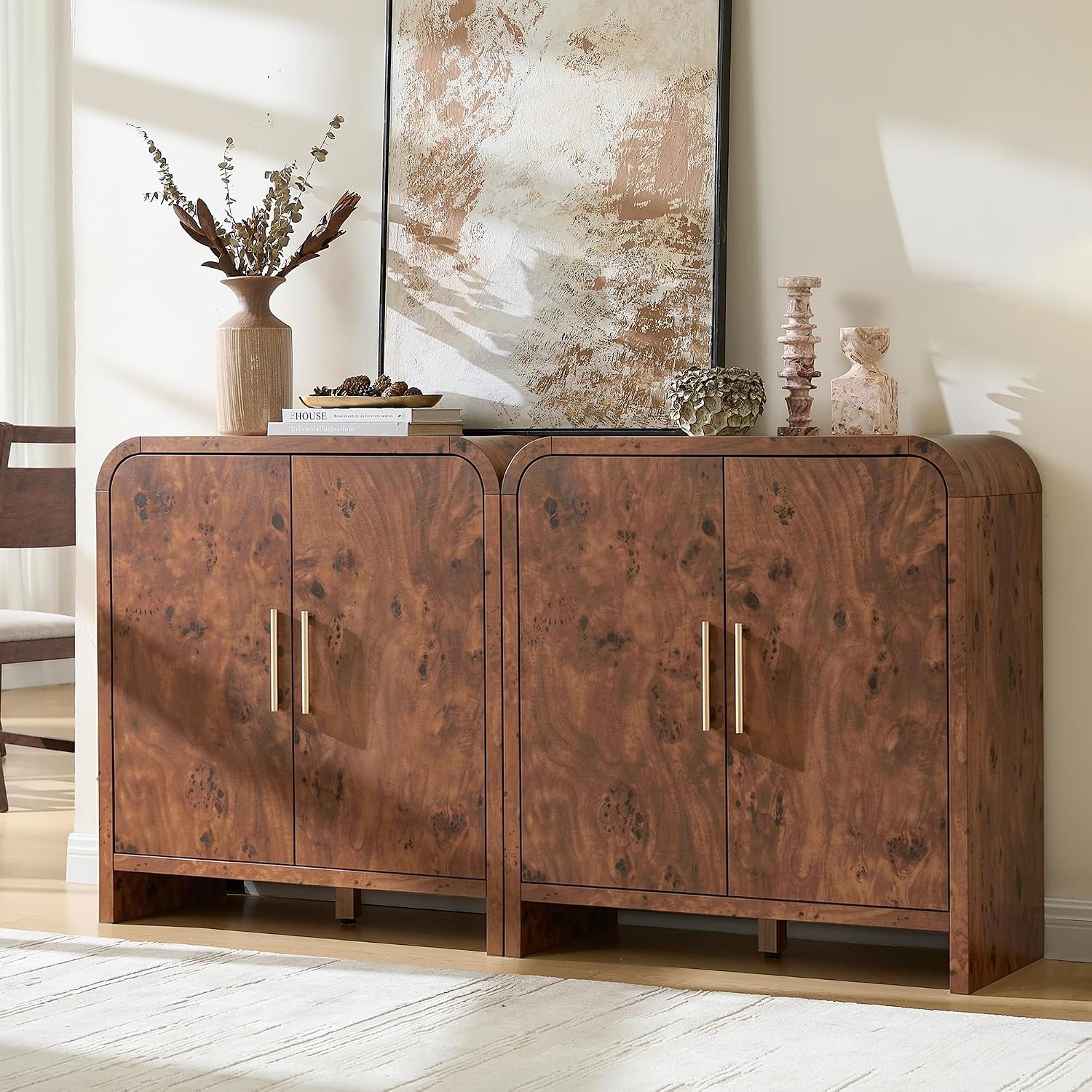 Set of 2 Sideboard Buffet Cabinet, Buffet Cabinet with Storage and 2 Adjustable Shelves, Sideboard credenza Cabinet for Kitchen Entryway, Dark Walnut Burl