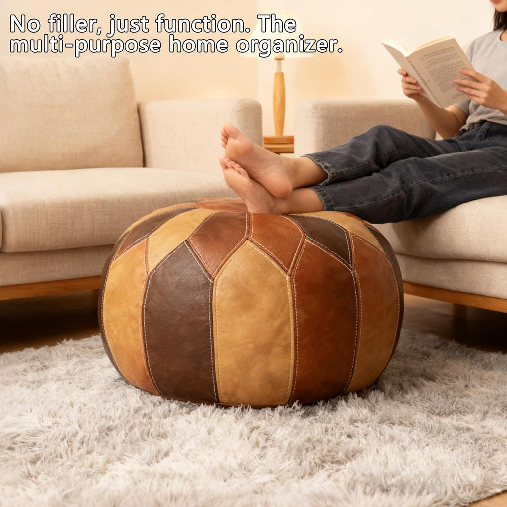 Thgonwid Unstuffed Moroccan Faux Leather Pouf Ottoman Cover with Storage - Boho Chic Multi-Use Footrest for Living Room, Bedroom, Patio - Round Ethnic Floor Cushion & Decorative Accent, Tricolor
