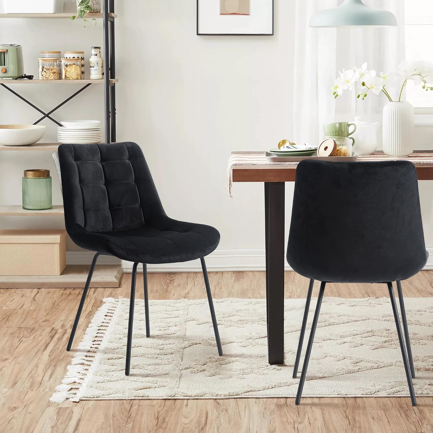 Velvet Dining Chairs, Upholstered Reception Chairs, Tufted Accent Chair with Metal Legs for Home Kitchen, Living Room, Set of 2, Black
