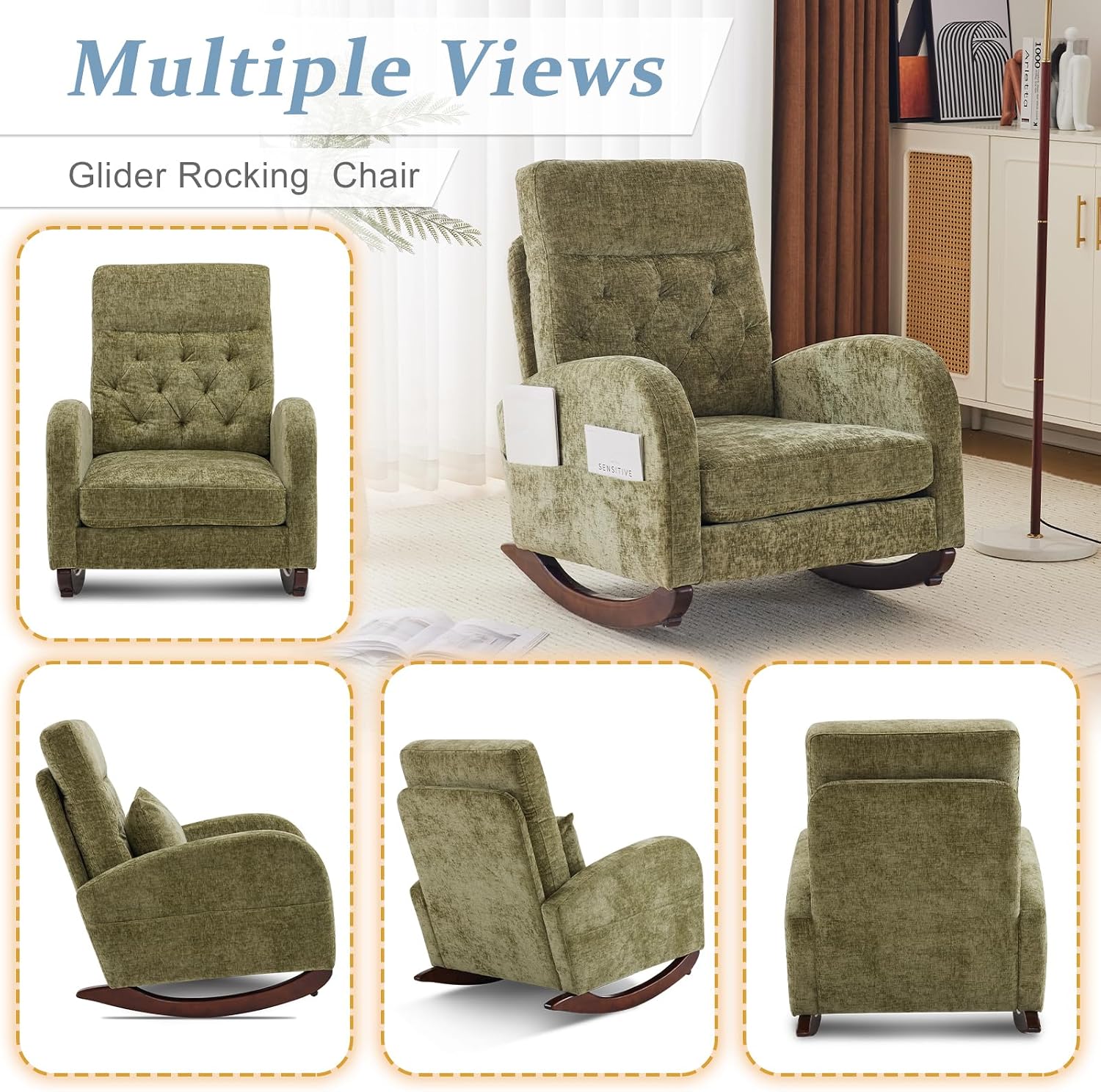 VINGLI Chenille Low Seat Rocking Chair,Upholstered Nursery Glider Chair with Side Pockets,Accent Arm Chair with High Backrest,Comfy Head Rest,Solid Wood,for Living Room Bedroom Balcony,Olive Green