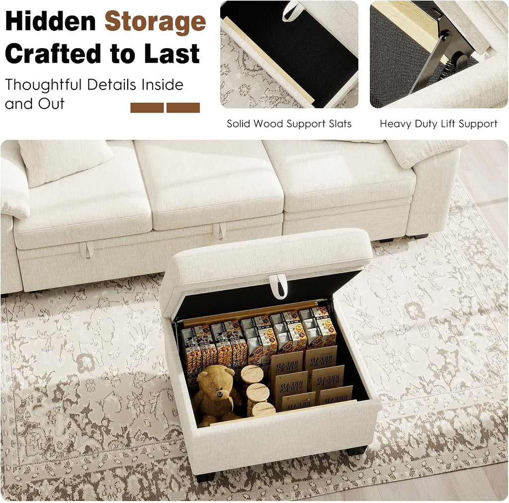 Ihanherry 86" Modular Sectional Sofa with Pull Out Bed, 4-Seater L Shaped Sectional Sleeper Couch with Storage Ottoman, Chenille Convertible Couches for Living Room, Apartment (Beige)