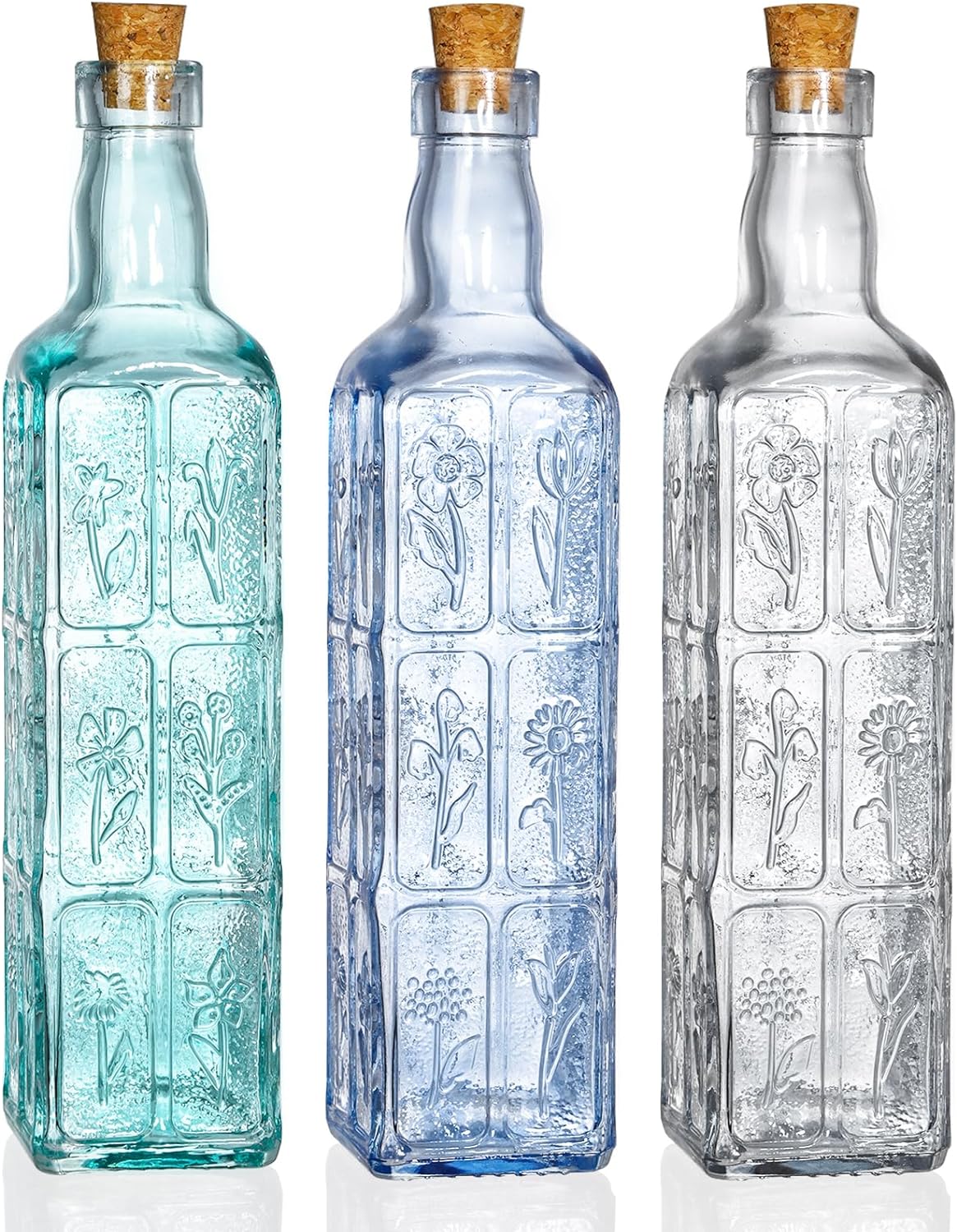 Noamus 3 Pack Vintage Vase with Corks, Embossed Colorful Glass Bottles, Decorative Colored Garden Glass Vase, Large Size Wine Bottle for Centerpiece Garden Decor, Bottle Tree, 18 OZ