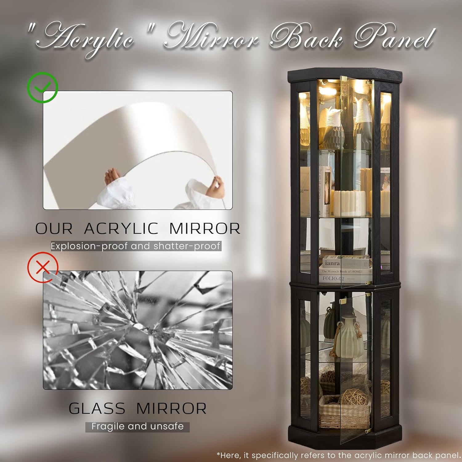 70" Lighted Corner Curio Cabinet, Curved Wood China Display Case with Tempered Glass Doors & Adjustable Shelves, Light Bulb Included, Tall Wine Storage Rack for Bar and Liquor Storage (Black)