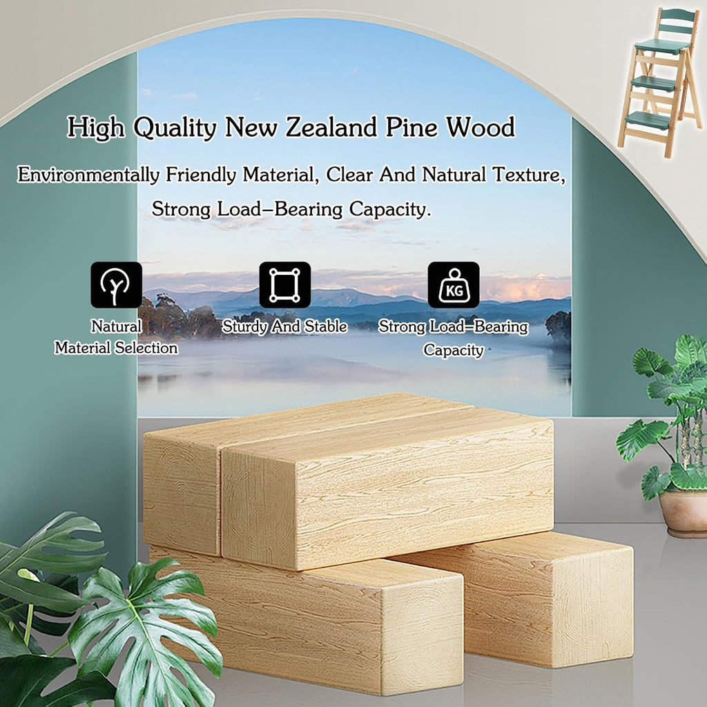 Solid Wood Folding Bar Stool Height Foldable Stool Tall Stool 3 Step Multifunction Indoor Ladder Stool Portable Foldable Stool Step Stool For Household Kitchen Bathroom Storage Shelf(Wood color)