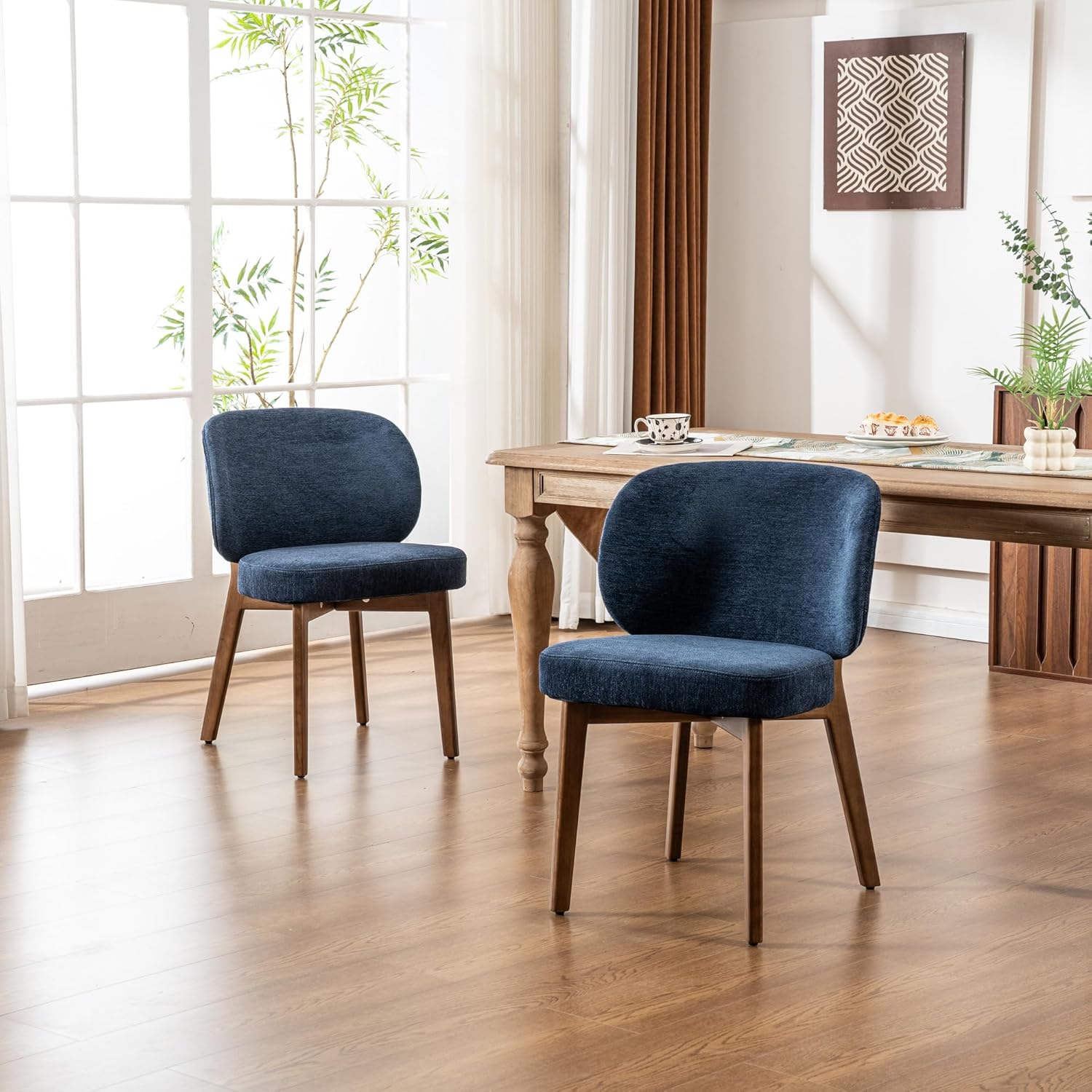 YOUNIKE Dining Chairs Set of 6 Mid Century Modern Kitchen Chair with Back Boucle Fabric Upholstered Armless Chair 20" Wide Padded Seat with Wooden Legs for Kitchen Dining Living Room Bedroom Navy Blue