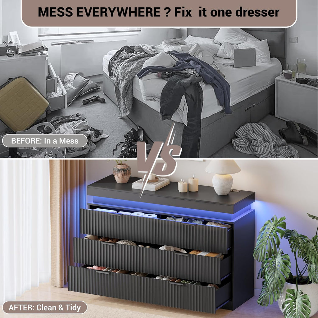 Dresser for Bedroom with RGB LED Lights and Charging Station, 6 Drawers Wooden Chest of Drawers, 47.2" Wide Fluted TV Stand, Closet Clothes Storage Organizer for Living Room, Hallway, Black