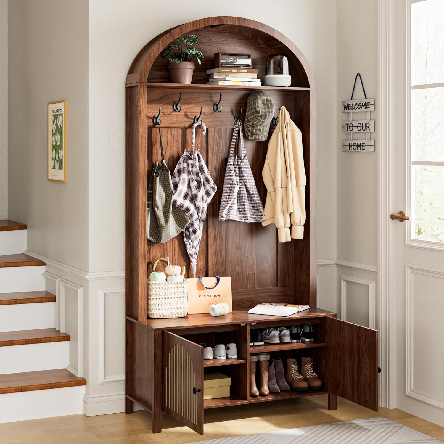 Hall Tree with Bench and Shoe Storage, Entryway Storage Bench with Coat Rack, 78.74" Coat Rack with 7 Hooks and Adjustable Shelves, Farmhouse Style Furniture Organizer for Hallway (Walnut, 78.74"H)
