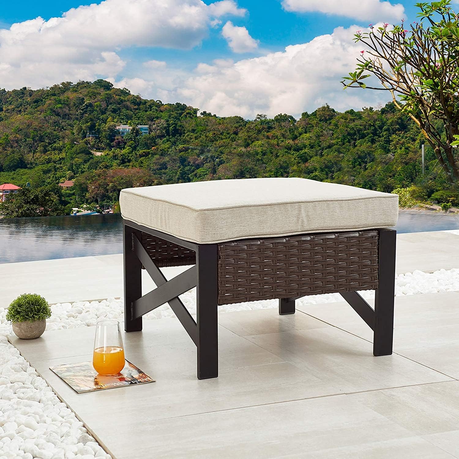 LOKATSE HOME Outdoor Wicker Ottoman with Cushion Patio Bistro All Weather Rattan Furnitur Footrest Seat Steel X-Leg, Brown