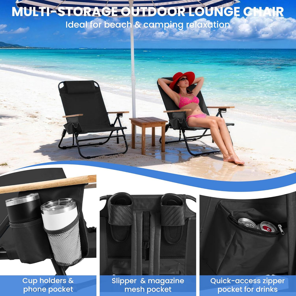 Premium Portable Camping Chair 5-Position Recliner Beach Folding Lightweight Outdoor Chair with Wooden Armrests, Headrest, Multi-Pockets Heavy Duty 350lbs, for Patio, Backyard, Black