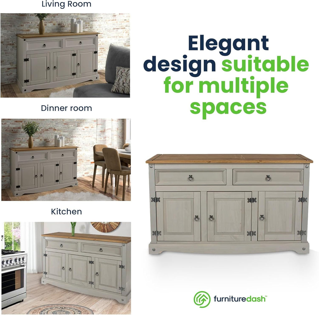 Furniture Dash Rustic Gray Console Cabinet – Solid Wood Buffet with 3 Drawers & Doors, 52" Wide Storage Unit for Dining Room, Bar, or Kitchen Decor