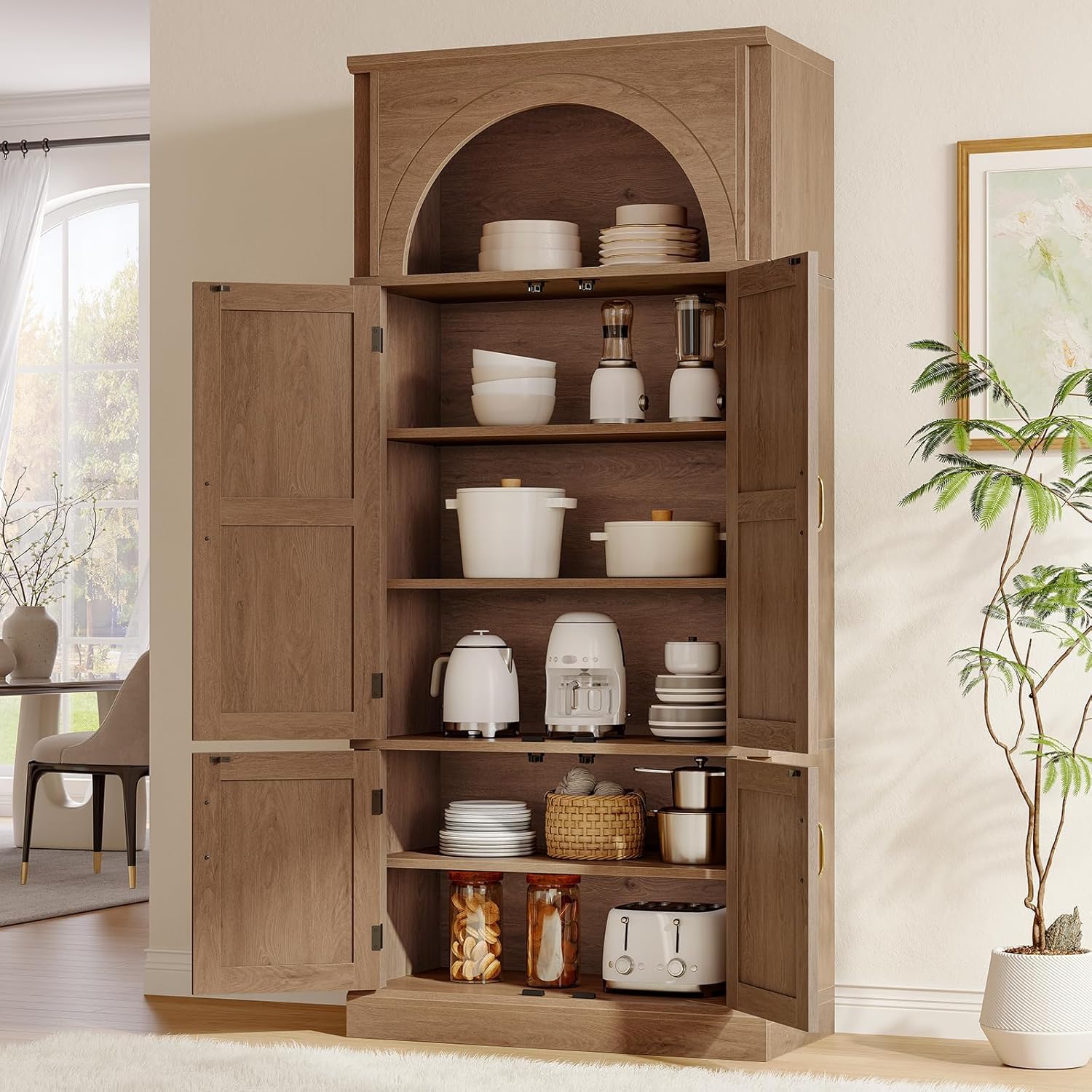 71'' Tall Kitchen Pantry Storage Cabinet, Food Pantry Wood Cabinet with Adjustable Shelves, Freestanding Versatile Kitchen Pantry Cupboard for Kitchen, Dining Room, Living Room, Brown