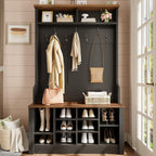 Itaar Hall Tree with Bench and Shoe Storage, 3-in-1 Entryway Bench with Coat Rack, Hall Tree with Adjustable Shoe Storage and Hanging Hooks, White and Brown (Black)