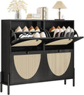 IRONCK Rattan Shoe Cabinet Storage with 4 Flip Drawers, Freestanding Shoe Storage Organizer Cabinet for Entryway, Narrow Shoe Rack Cabinet, Matte Black